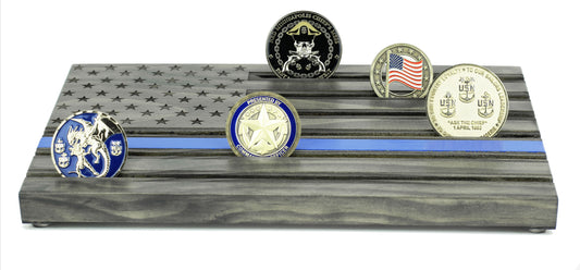 Thin Blue Line American Flag Challenge Coin Display - Personalized - Black