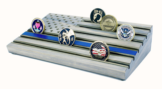 Thin Blue Line American Flag Challenge Coin Display - Personalized - Gray