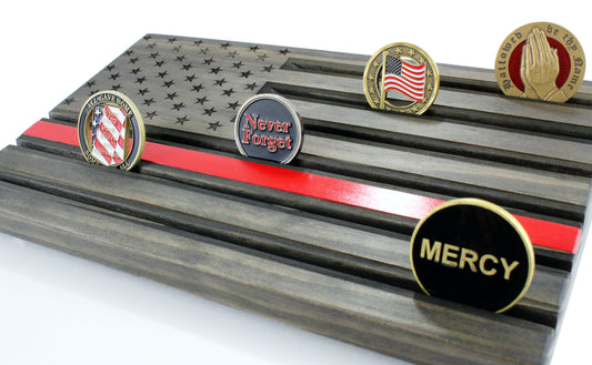 Thin Red Line American Flag Challenge Coin Display - Personalized - Black