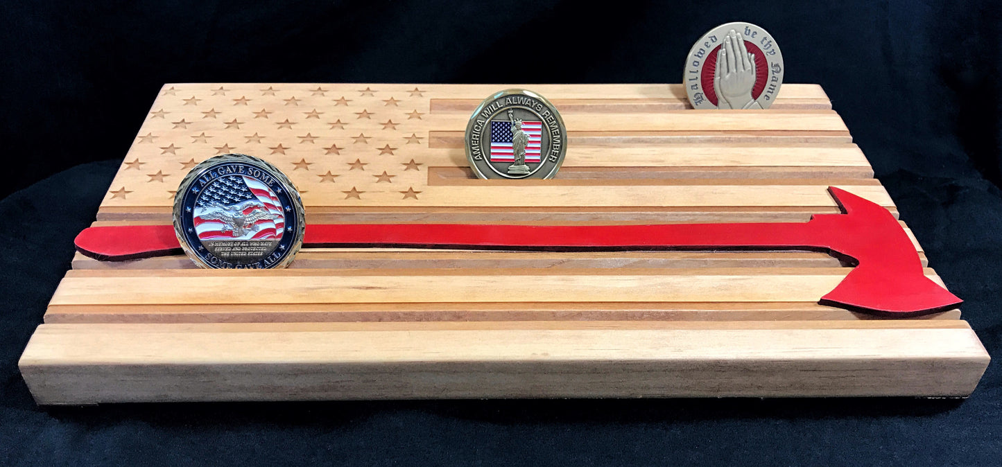 Fire Axe American Flag Challenge Coin Display - Personalized - Blonde