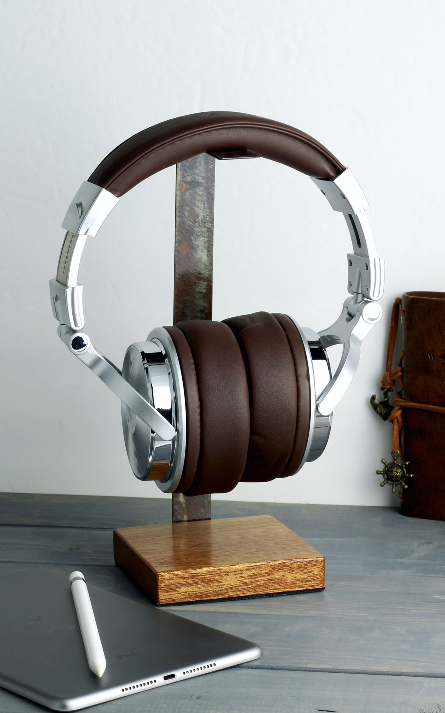 Mahogany Base and Metal Headphone Stand