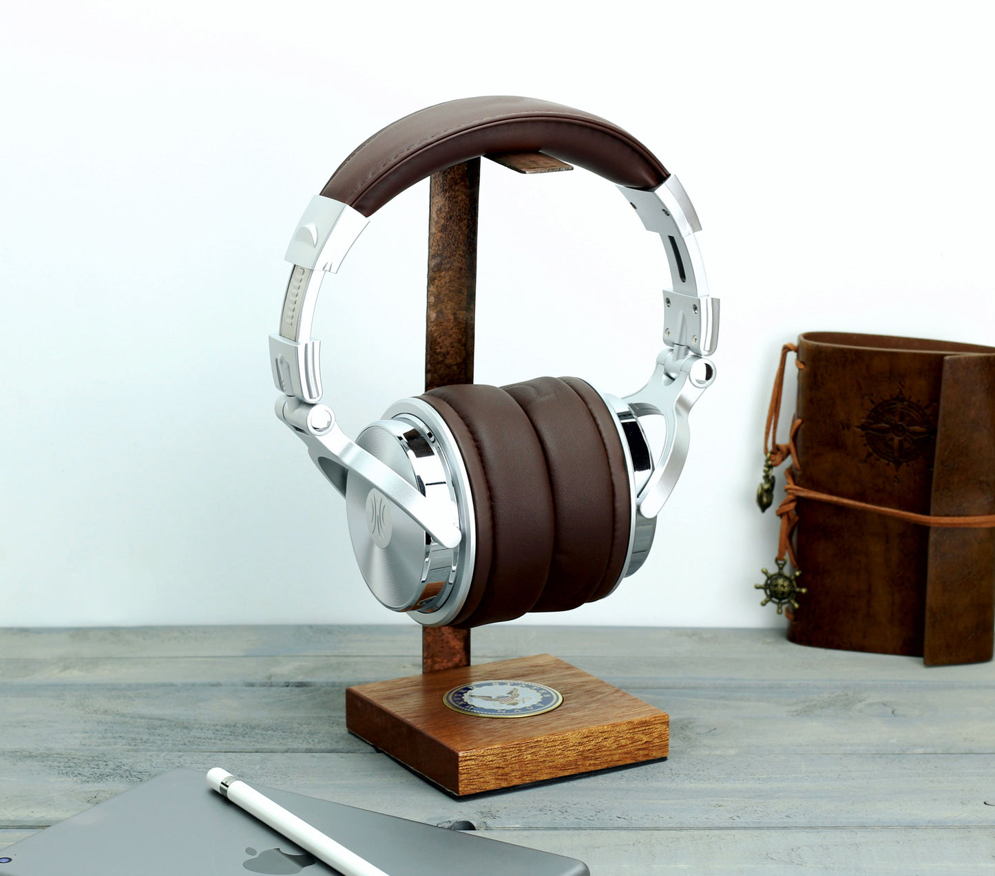 Navy Mahogany Base and Metal Headphone Stand