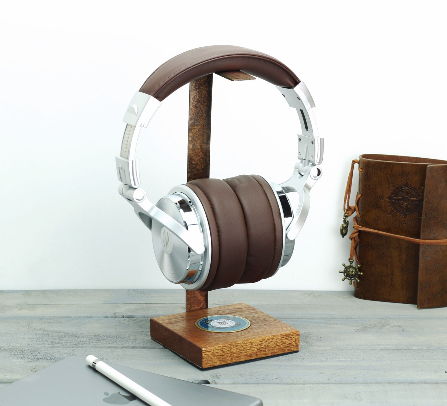 Coast Guard Mahogany Base and Metal Headphone Stand