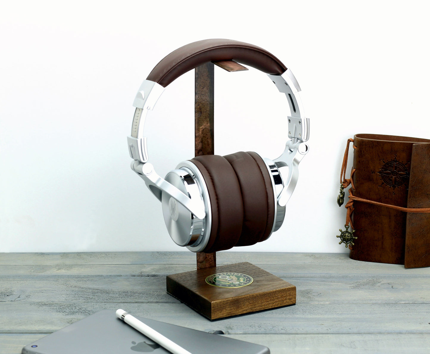 Army Walnut Base and Metal Headphone Stand