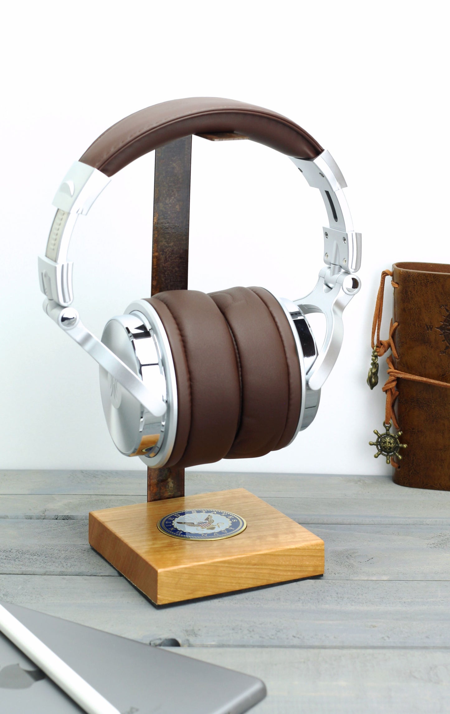 Navy Cherry Wood Base and Metal Headphone Stand