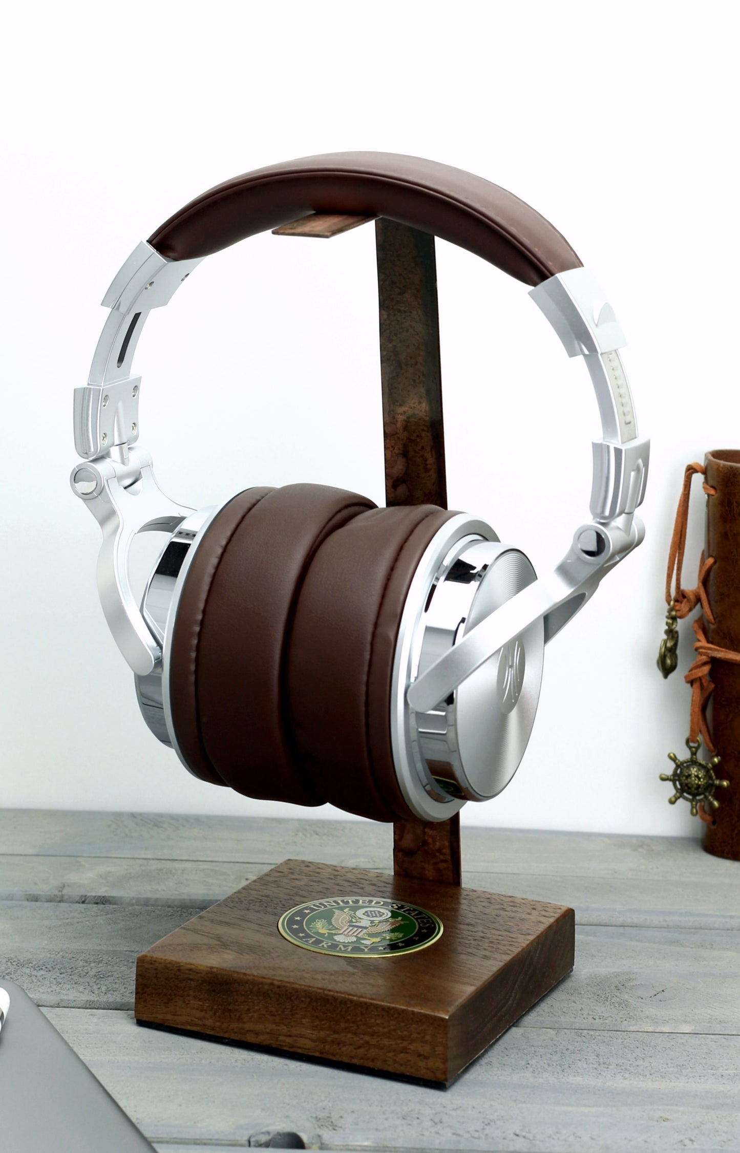 Army Walnut Base and Metal Headphone Stand