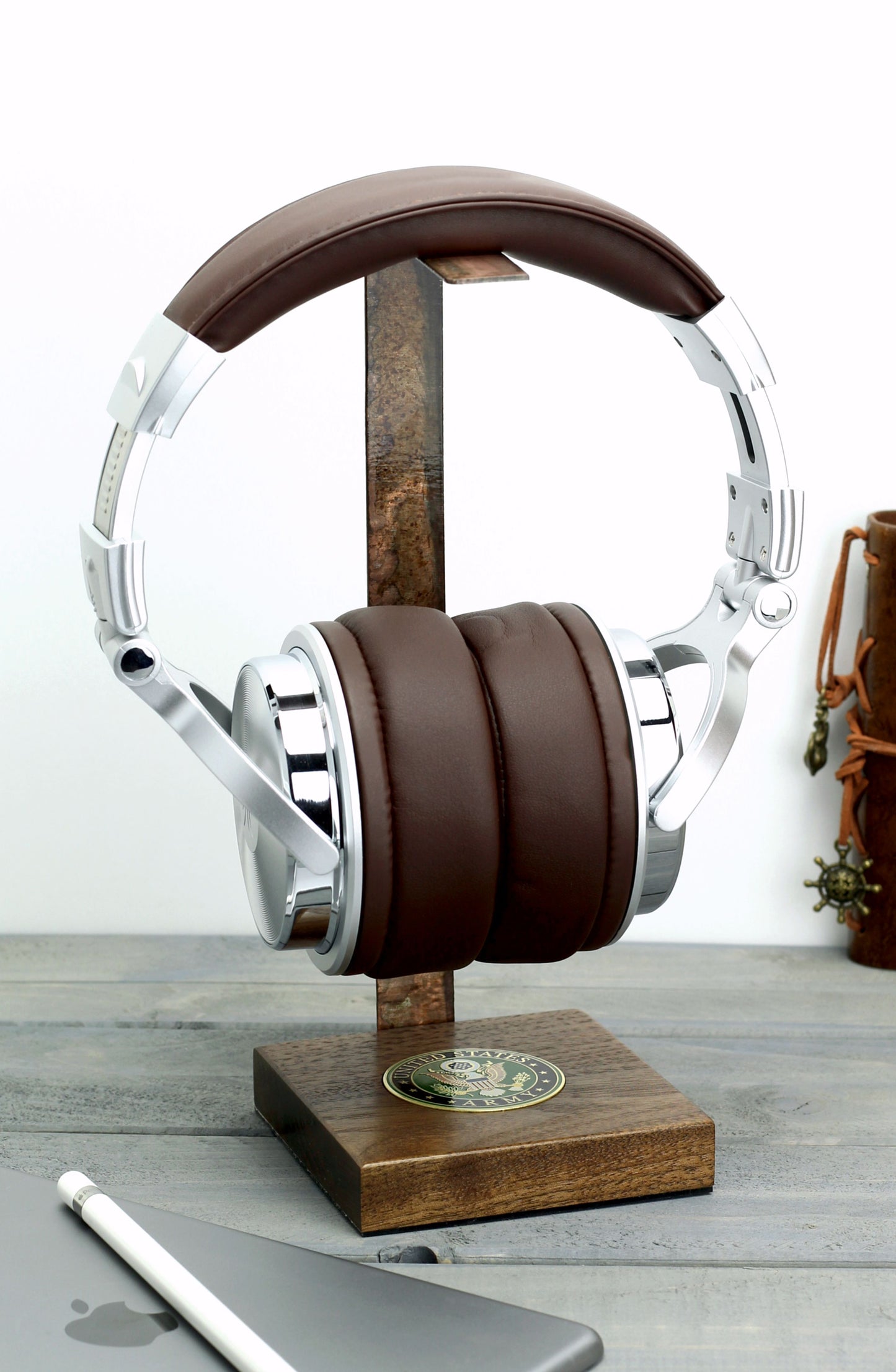 Army Walnut Base and Metal Headphone Stand