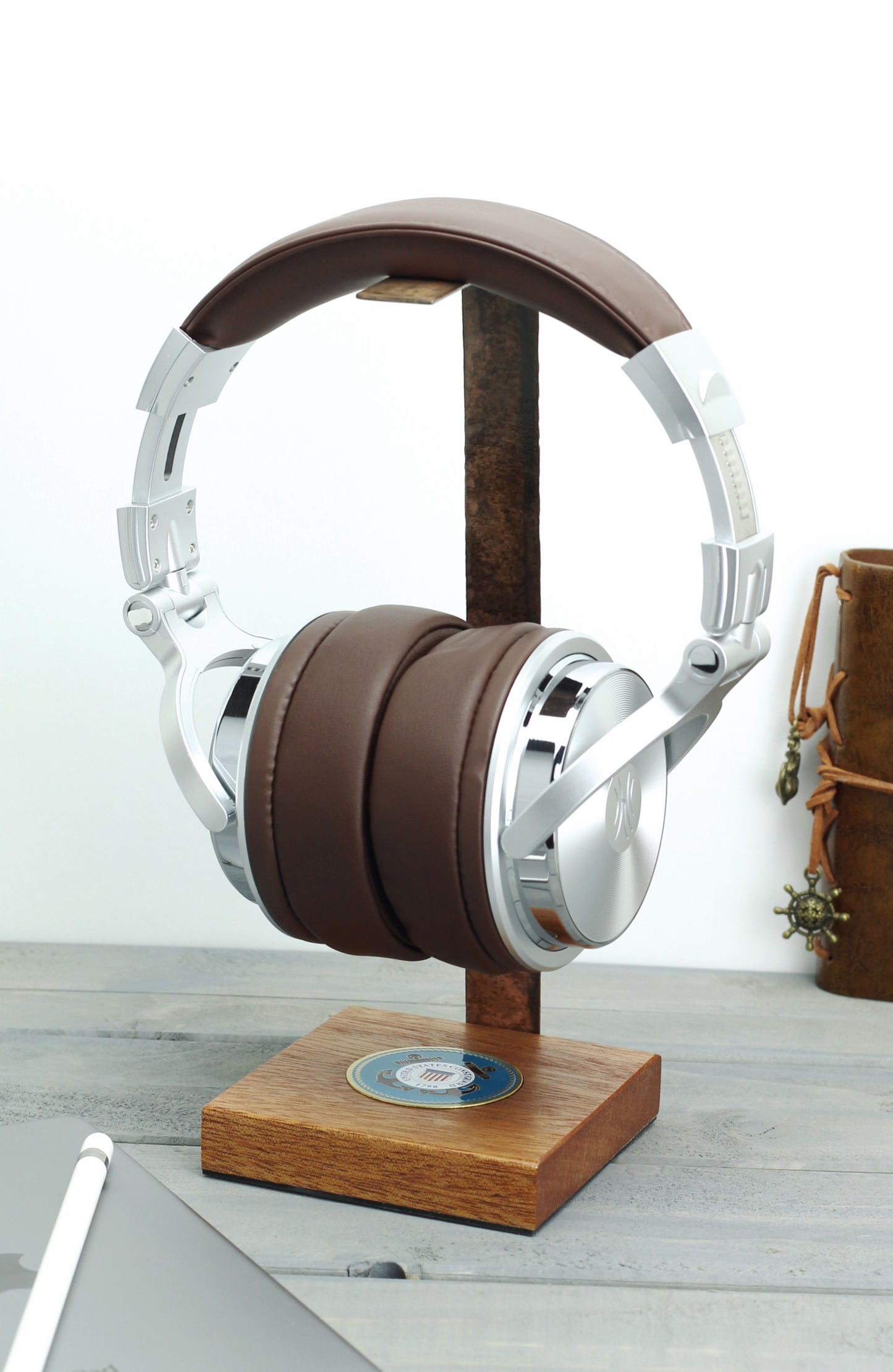 Coast Guard Mahogany Base and Metal Headphone Stand