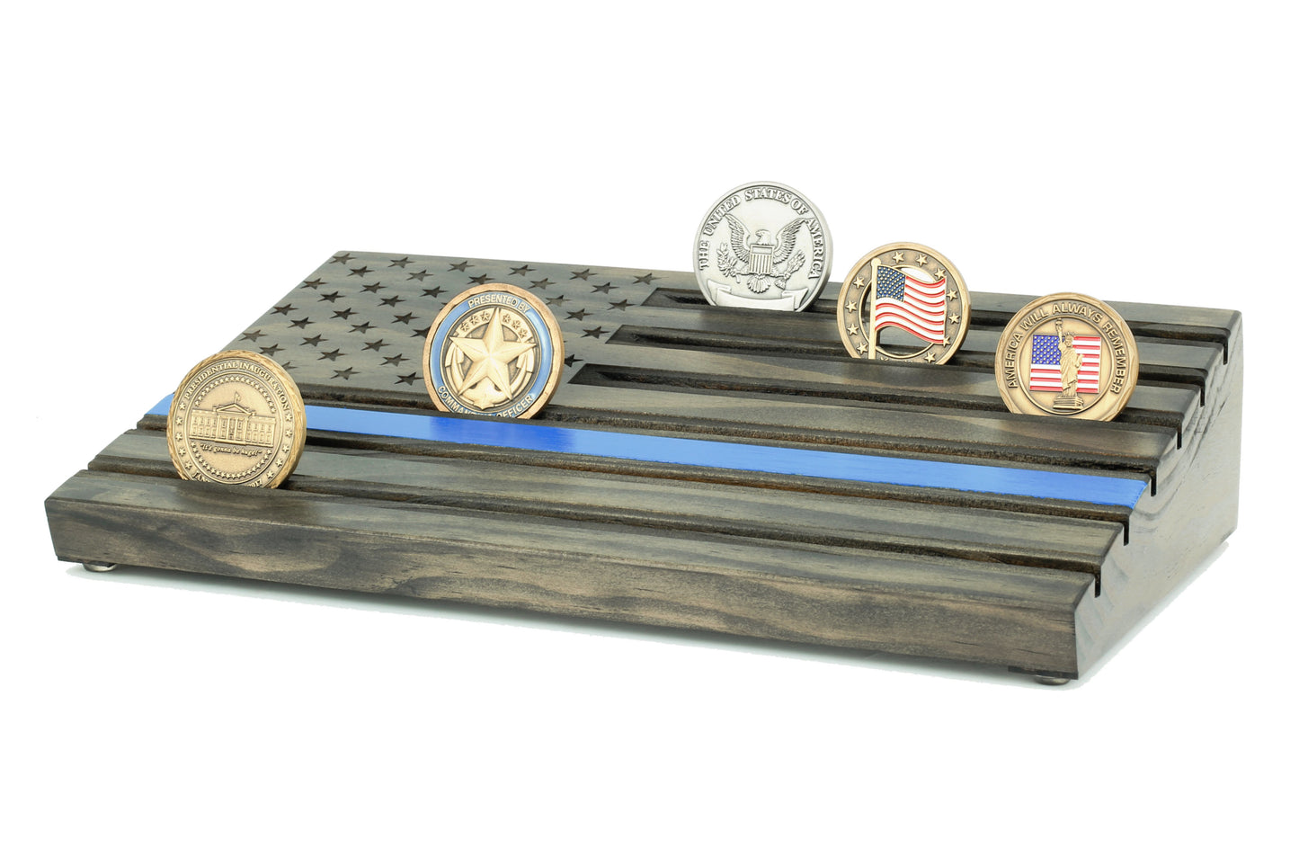 Thin Blue Line American Flag Challenge Coin Display - Personalized - Black