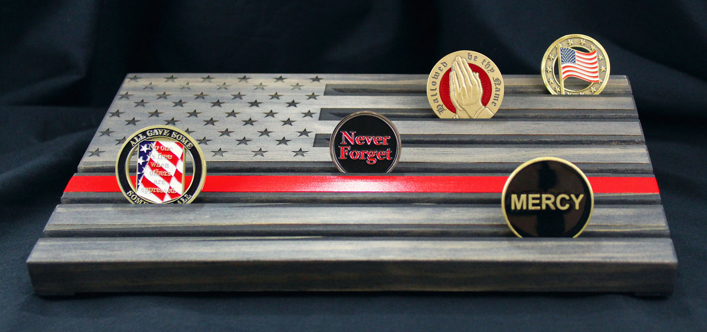 Thin Red Line American Flag Challenge Coin Display - Personalized - Black