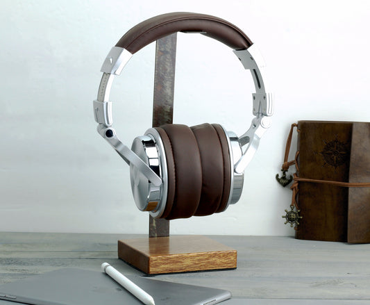 Mahogany Base and Metal Headphone Stand